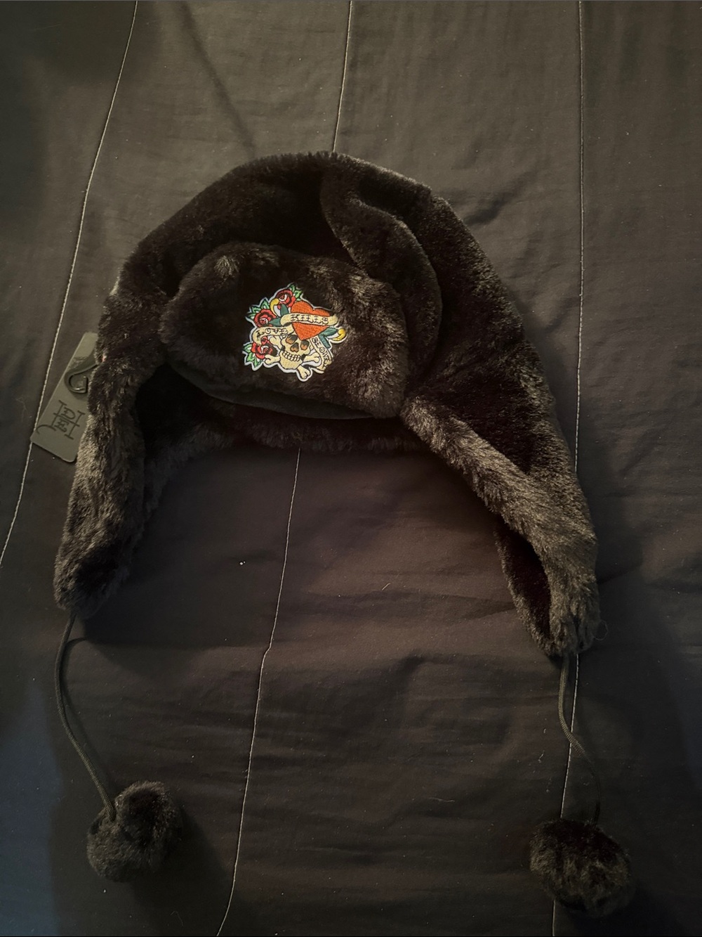 Ed Hardy Black Faux Fur Trapper Hat with Colorful Embroidered Patch